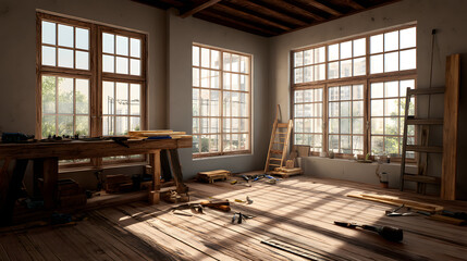 Bright and spacious workshop filled with wooden tools and natural light.