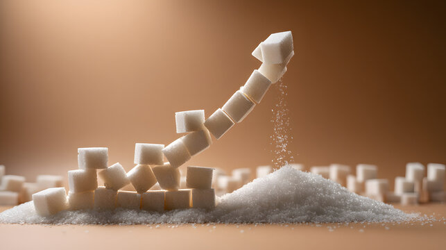 An artistic representation of growth: sugar cubes stack upwards against a soft brown backdrop.