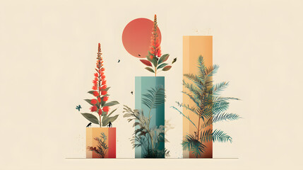 A vibrant digital illustration featuring colorful plants set against a warm sun backdrop, exuding a serene, tropical vibe.