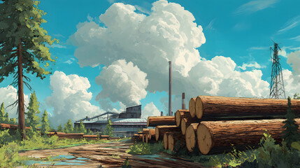 A scenic view of a lumber yard with freshly cut logs under a bright blue sky filled with fluffy clouds.