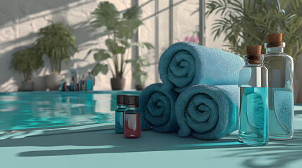 A serene spa setting featuring neatly rolled blue towels, aromatic oils, and a tranquil pool with sunlight streaming in.
