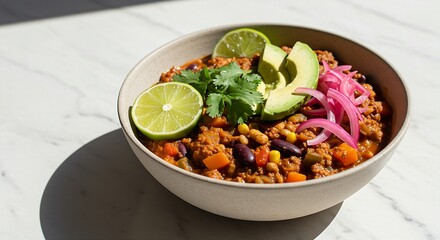 a slow-cooked vegetarian chili, served in a ceramic bowl, topped generously with avocado slices, pickled red onions, and fresh lime wedges. Bright, natural light. 