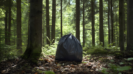 A black garbage bag sits abandoned in a lush green forest, highlighting environmental neglect.