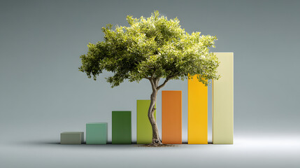 A vivid green tree growing alongside colorful bar graphs, symbolizing growth and prosperity.