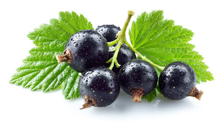 Black currant berries with leaves on a white background, top view isolated. Black berry fruits for healthy eating and skin care concepts.