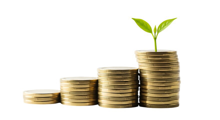 Coin stacks symbolize growth, a young plant emerging from the highest, representing investment and financial success in a transparent style.