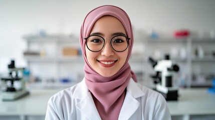 Fototapeta premium A smiling female scientist in a lab coat and hijab stands confidently in a laboratory, showcasing a welcoming and professional atmosphere, Ideal for topics related to science, research