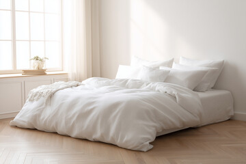 modern white bedroom with soft bedding and natural light from window creating cozy atmosphere