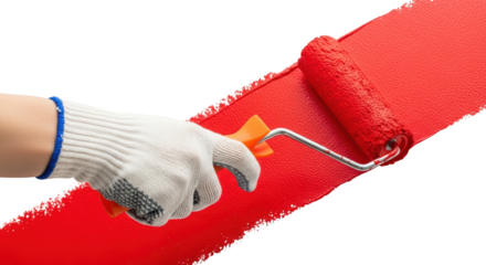Hand wearing a white protective glove applies thick red paint with a roller brush transparent background