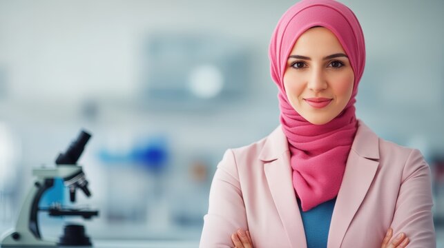 A confident woman in a pink hijab stands in a laboratory setting with a microscope, symbolizing empowerment in STEM fields