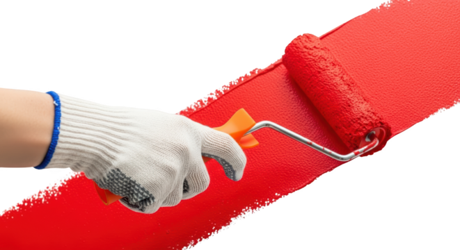 Hand wearing a white protective glove applies thick red paint with a roller brush transparent background