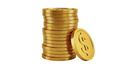 Stack of shiny golden dollar coins with one coin leaning; representing wealth and financial success through savings and investment strategies
