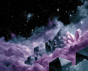 Pixelated City In A Cosmic Cloud Landscape At Night