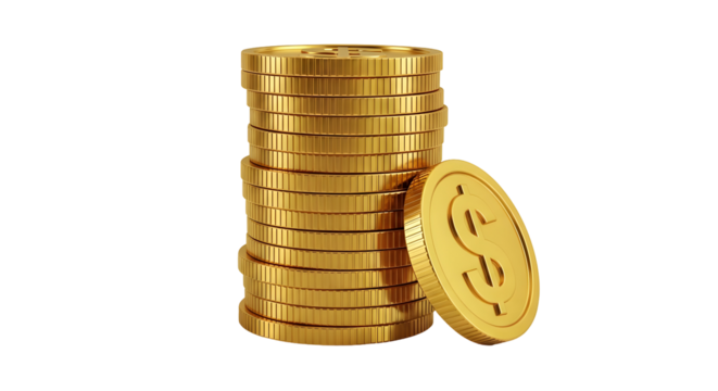 Stack of shiny golden dollar coins with one coin leaning; representing wealth and financial success through savings and investment strategies