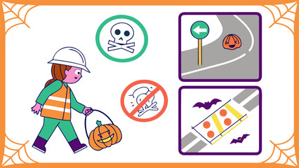 Halloween safety icons featuring a child in safety gear carrying a pumpkin and various warning signs for trick or treaters and road safety