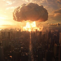 Nuclear explosion devastates a city at sunset.