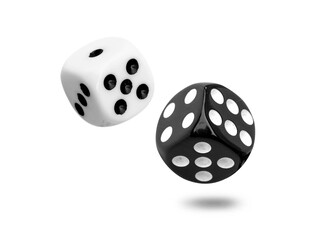 Two old dice white and black float from the roll isolated on transparent background or png file.