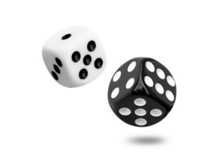 Two old dice white and black float from the roll isolated on transparent background or png file.