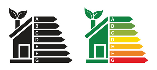 Home energy efficiency rating chart icon. Eco-friendly home energy performance mark. Vector illustration © Oman