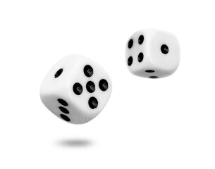 Two old dice float from roll isolated on transparent background or png file.