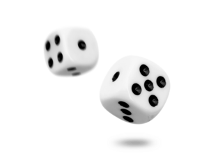 Two old dice float from roll isolated on transparent background or png file.