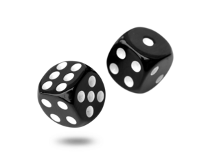 Two old black dice float from roll isolated on transparent background or png file.