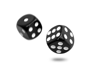 Two old black dice float from roll isolated on transparent background or png file.