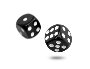Two old black dice float from roll isolated on transparent background or png file.