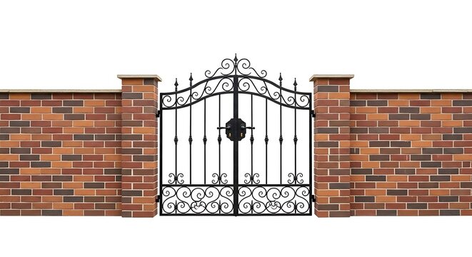 Black iron gate brick wall security entrance design wrought ironwork decorative metalwork ornamental gateway access