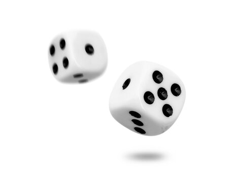 Two old dice float from roll isolated on transparent background or png file.