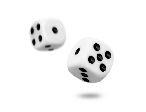 Two old dice float from roll isolated on transparent background or png file.