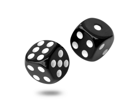 Two old black dice float from roll isolated on transparent background or png file.