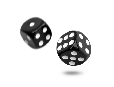 Two old black dice float from roll isolated on transparent background or png file.