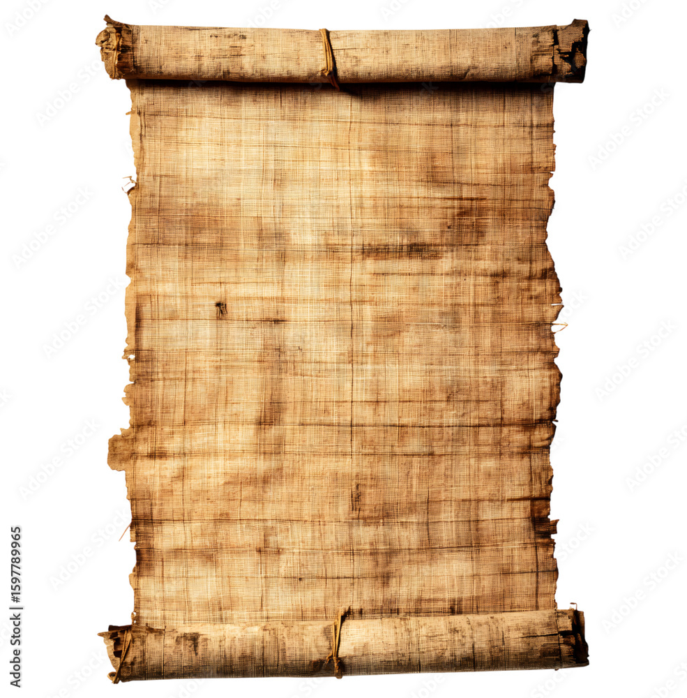 Fototapete ancient papyrus scroll with text isolated on transparent background