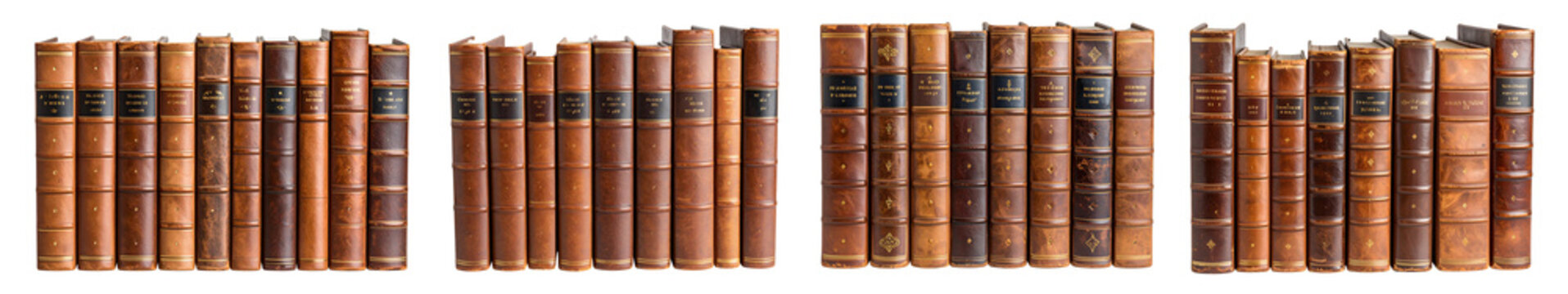 Collection set of Rows of standing books with brown leather covers isolated on transparent background