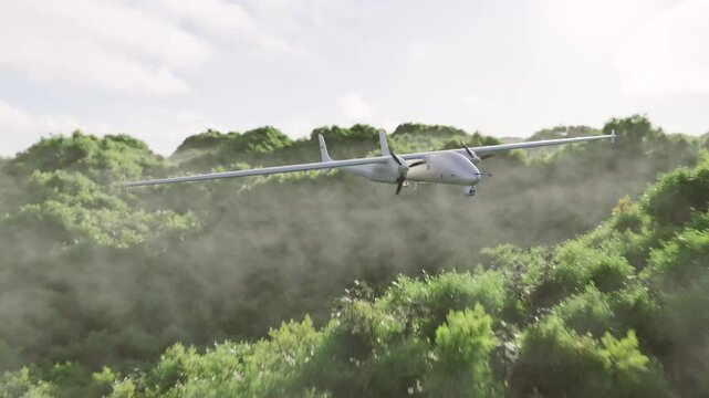 An unmmanned aerial vehichle surveillaing above luch green forrest 3d.