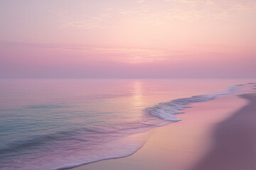 peaceful beach at sunset with soft pink hues and gentle waves under calm sky