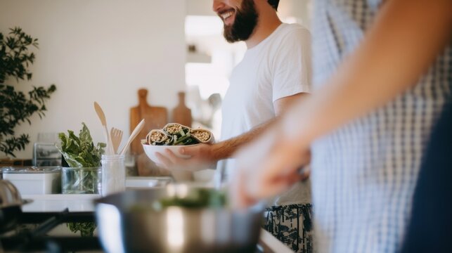 Family enjoys zero waste summer cooking while preparing fresh wraps with leftovers in a sustainable kitchen environment - Powered by Adobe