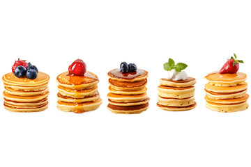 Five stacks of delicious pancakes with berries and cream isolated on transparent background