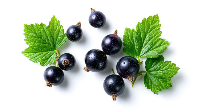 Black currant berries with leaves on a white background, top view isolated. Black berry fruits for healthy eating and skin care concepts.