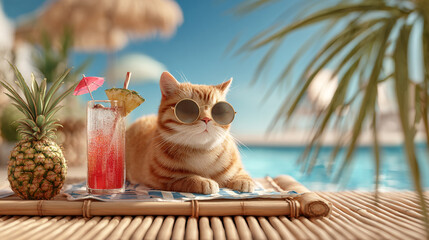 A cat wearing sunglasses lounging on a bamboo board by the pool with a cocktail, a summer vacation concept, in a photorealistic style.
