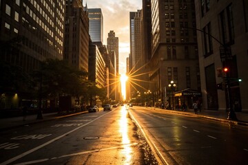 The setting sun bursts through city skyscrapers, casting golden rays and vibrant reflections on a wet street, creating a breathtaking urban sunset panorama