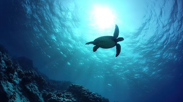 Graceful Green Sea Turtle, Hawaiian Waters, Sunlit Ocean, Coral Reef Backdrop, Calm Undersea Vista