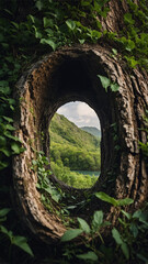 A hollow tree trunk forms a round window, showing hills, water, and green nature beyond