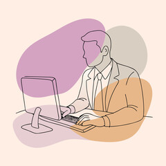 Man in suit typing on computer with abstract shapes