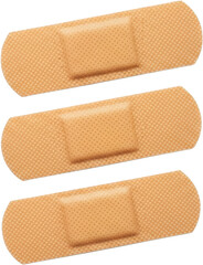 Three beige adhesive bandages with sterile pads in a row on black Medical transparent background