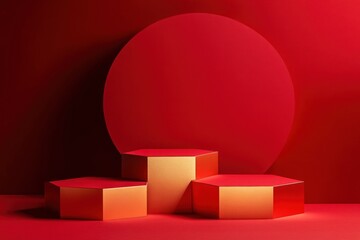 Red hexagon podium furniture bench.