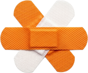 Two adhesive bandages one orange and one white crossed and overlapping transparent background