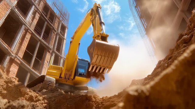Yellow excavator working in urban construction zone, moving earth and creating dust cloud between unfinished buildings. Low angle dynamic shot capturing heavy machinery in action.