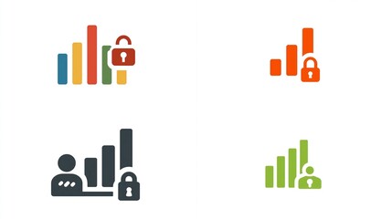 Four icons, each combining a bar graph with a padlock and/or a person silhouette, representing data security and/or user access